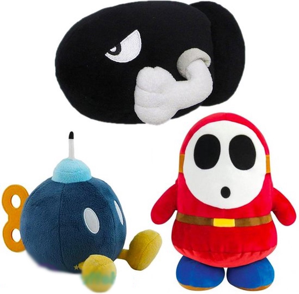 Bob-Omb + Shy Guy + Bullet Bills Super Mario Bros Pluche Knuffel Set (3 stuks) | Bowser Toad Luigi Peach Yoshi Donkey Kong Plush Toy | Speelgoed knuffeldier knuffelpop voor kinderen jongens meisjes | Mario Odyssey, Mario Party, Nintendo